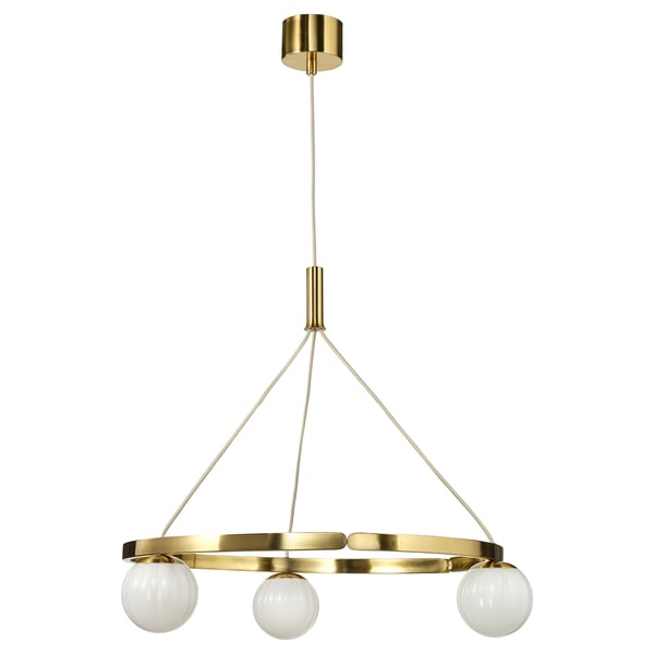 AKTERSPRING pendant lamp - brass & glass, golden, circular frame with three globes, hanging design.
