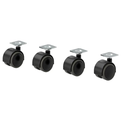 Four black castors for furniture, each with a square metal plate top, cylindrical middle, and round rubber wheel bottom.