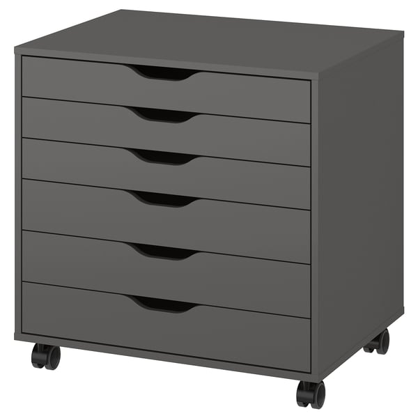 Dark grey ALEX storage unit with six drawers, on wheels, rectangular shape, modern design with smooth edges.