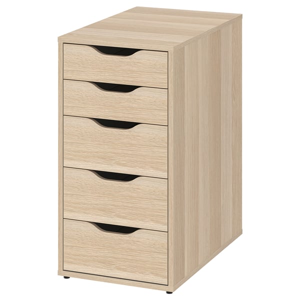Light oak ALEX drawer unit with 5 handleless drawers, 4 small legs.