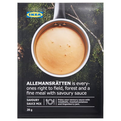 IKEAs ALLEMANSRÄTTEN packaged savoury sauce mix, 28g, shown on a forest backdrop.