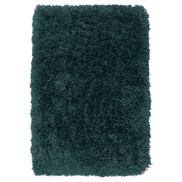 Almtjarn teal bath rug, soft high-pile recycled polyester, rectangle.