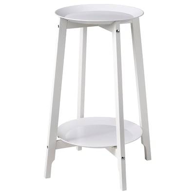 A white ALPVIDE plant stand with a round steel tray and wooden legs.