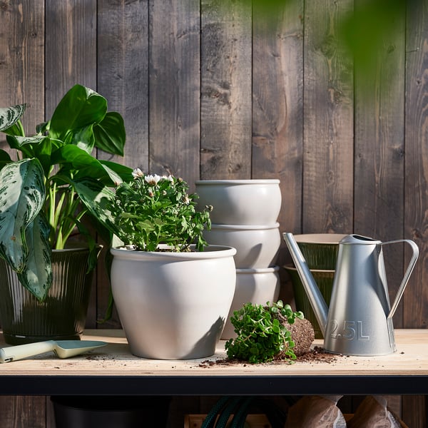 AMBRARÖNN white stoneware pots; medium & large, rustic indoor/outdoor plants, tools, & watering can.