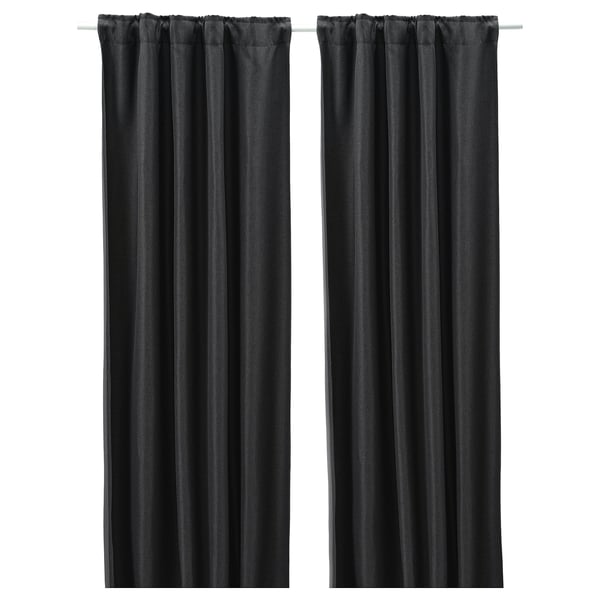 Image shows two ANNAKAJSA curtains in dark grey with heading tape, hanging straight down.