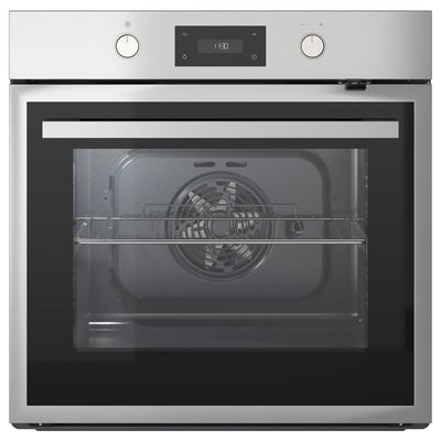 Modern, stainless steel oven with digital controls. Convection cooking and multiple levels.