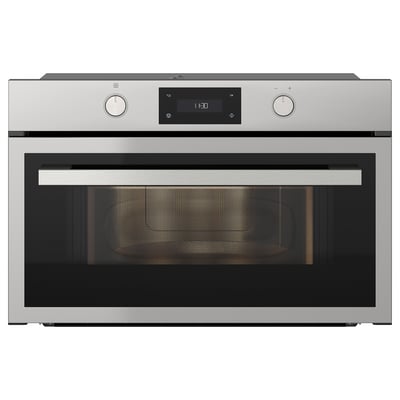 Stainless steel built-in microwave, ANRÄTTA, square front with digital display and knobs.