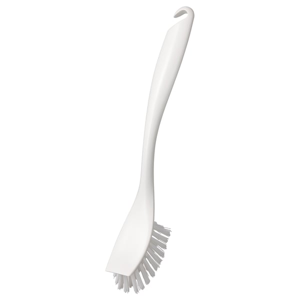 ANTAGEN white dish brush: ergonomic handle, stiff bristles, hanging hole.
