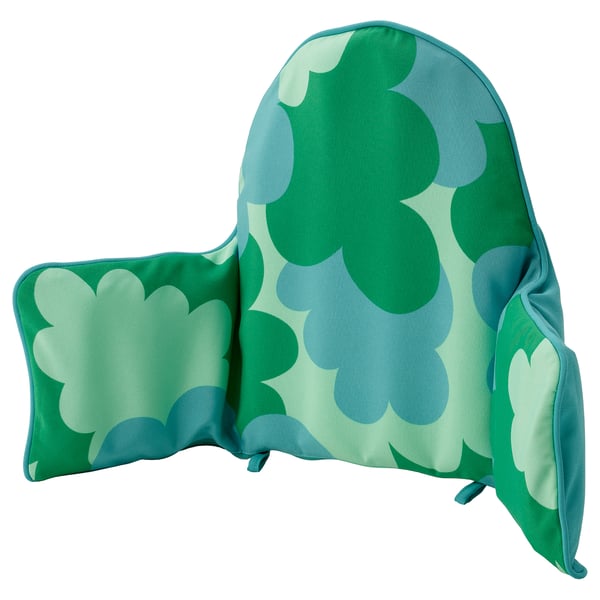 Green patterned baby highchair cushion with leaf design, inflatable, washable, and supportive.