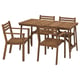 Wooden outdoor furniture set, includes table and four chairs, brown, acacia wood, simple design.