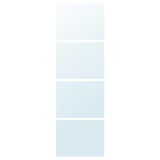 Light blue glass mirror panels, 4 vertical sliding doors, reflect light, safe film.