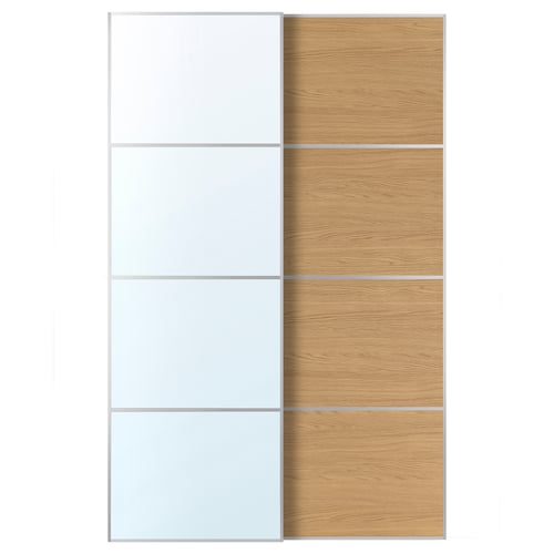 AULI / MEHAMN Pair of sliding doors, aluminium mirror glass/double sided oak effect, 150x236 cm