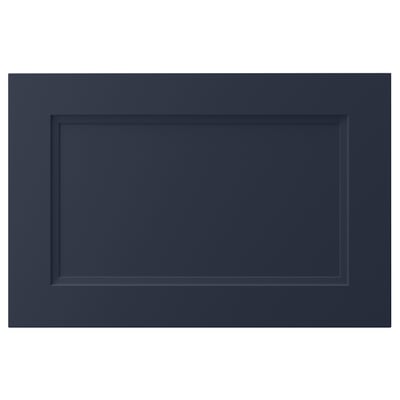 A dark blue rectangular kitchen cabinet door with an inset panel and smooth lines.