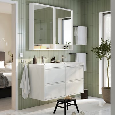 BACKSJÖN Double wash-basin with water trap, white, 120x48 cm