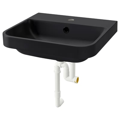 Black wall-mounted modern sink, rectangular, sleek edges, part of BACKSJÖN series.