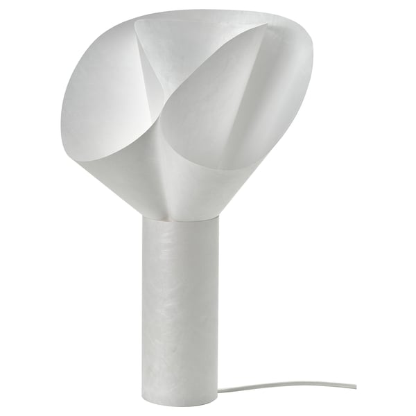 BÄCKNATE lamp, white, synthetic paper texture, flower-like shape, soft light.