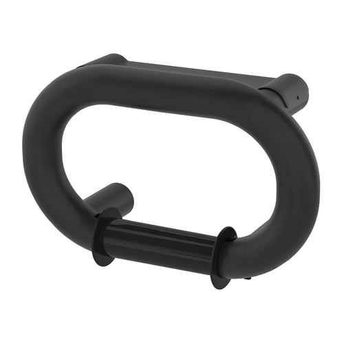 Grey toilet roll holder, safe round design, recycled materials.