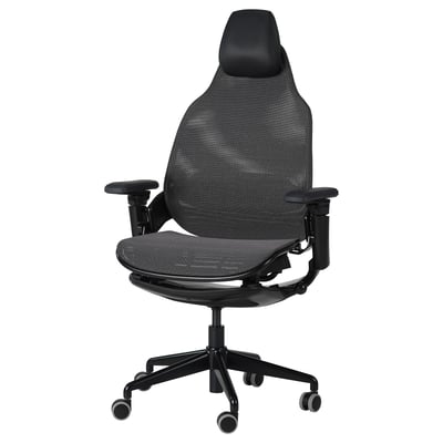 Bästbol gaming chair, black, mesh back, adjustable headrest, armrests, and lumbar support, high back, casters.