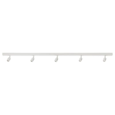 A white BÄVE ceiling track with five adjustable spotlights. Sleek and minimalist, it fits various decor styles.