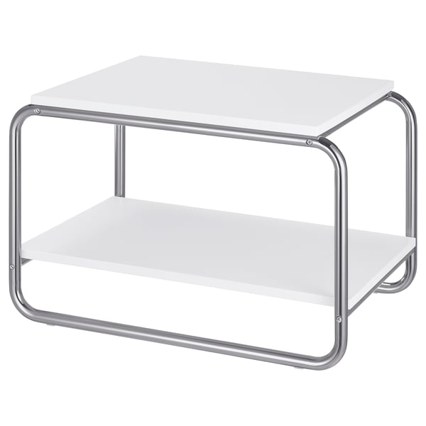 White square BAGGBODA coffee table with chrome legs and lower shelf.
