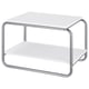 White square BAGGBODA coffee table with chrome legs and lower shelf.