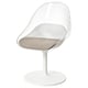 Modern white swivel chair with clear, curved seat and backrest. Comfortable and stylish for dining.