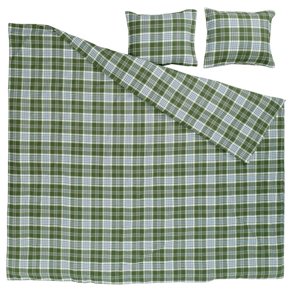 Image BANBJÖRNBÄR green plaid flannel bedding set; includes duvet cover and two pillowcases.