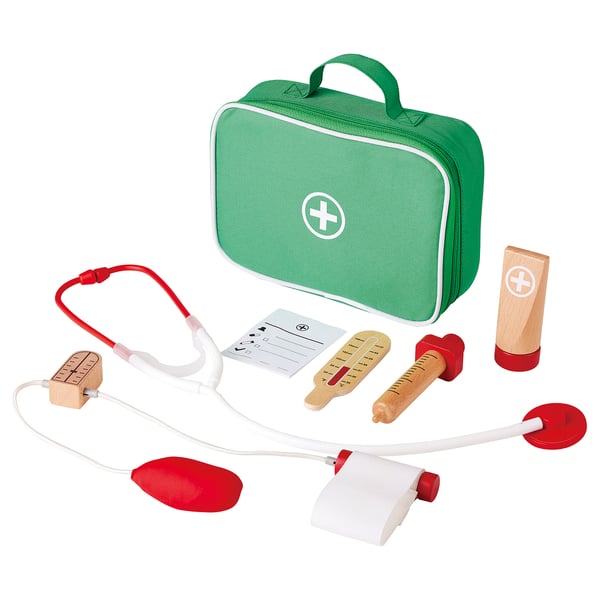Green kids doctor play set: stethoscope, thermometer, syringe, chart, and case. Encourages imaginative medical play.