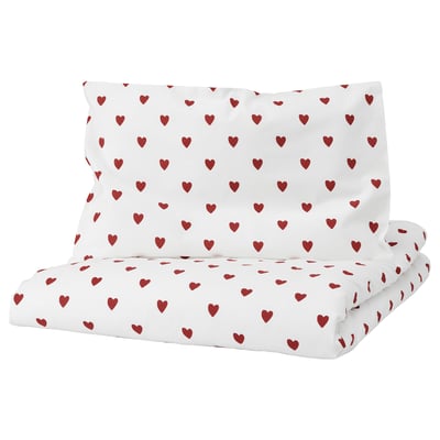 Heart-patterned white baby duvet & pillow, 100% cotton.
