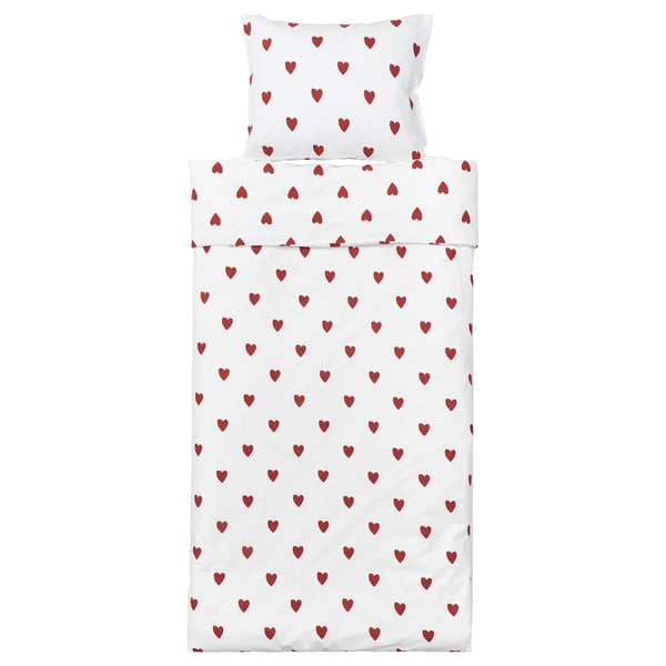 Barndrom duvet set, white with red hearts, cotton, rectangular, kids bedding.
