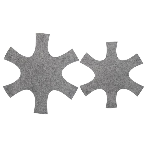 Two grey felt shapes, designed to fit together, for protecting pans.