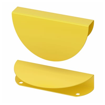 Two yellow semi-circular metal handles with smooth edges, for cabinets or drawers.