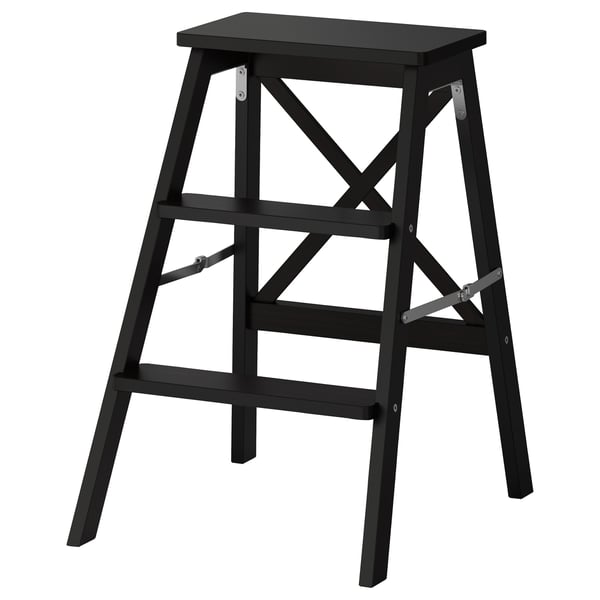 BEKVÄM black wooden step stool, folds flat, sturdy beech wood.