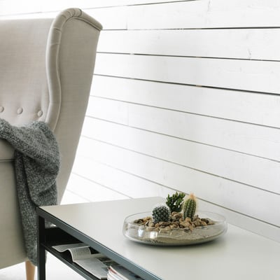 Modern chair with beige fabric and grey blanket, glass bowl with small plants and stones on white table against white wooden wall.