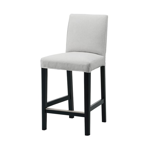 A grey BERGMUND bar stool with a black metal frame, high back, and cushioned seat for comfort.
