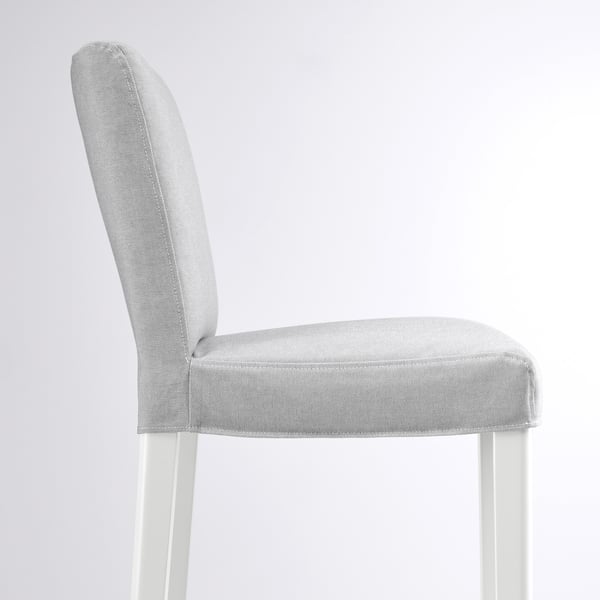 Modern grey fabric bar stool with sleek white legs, offering comfortable, cushioned seating.