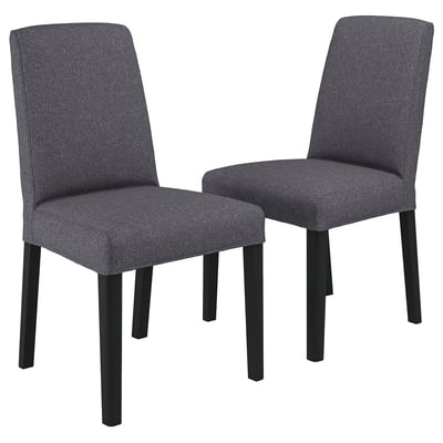 Pair of grey upholstered dining chairs with black wooden legs, modern design.