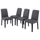 Four grey fabric upholstered chairs with wooden legs, modern design.