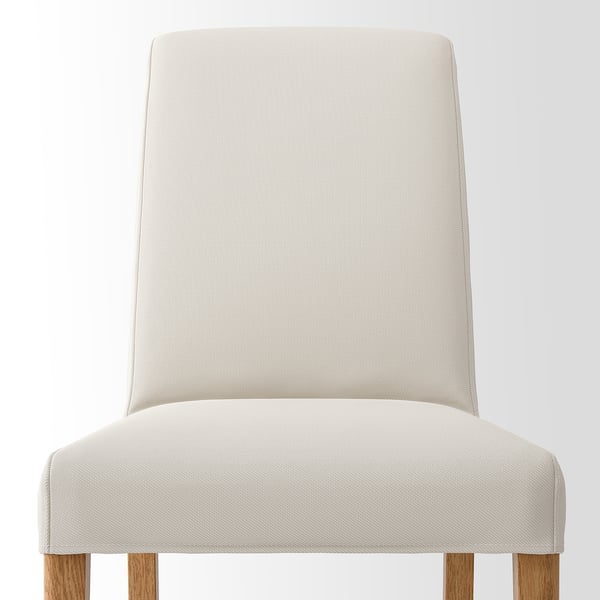 Minimalist chair with sleek beige fabric, high back, wooden legs. Ideal for modern dining.