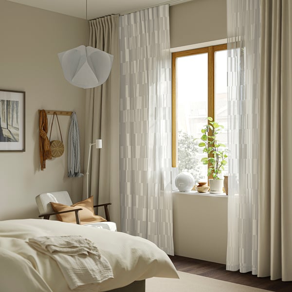BERGNEJLIKA Net curtains, 1 pair, white/with heading tape, 145x300 cm
