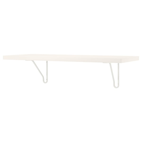 A BERGSHULT wall shelf in white. Its rectangular, simple, and made of particleboard and steel brackets. Great for organizing spaces.