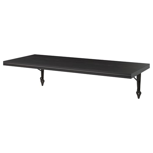 The BERGSHULT wall shelf dark brown particleboard with metal brackets for support.