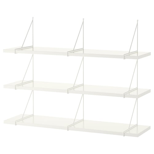 A white BERGSHULT wall shelf set with three rectangular shelves and minimalist metal brackets.