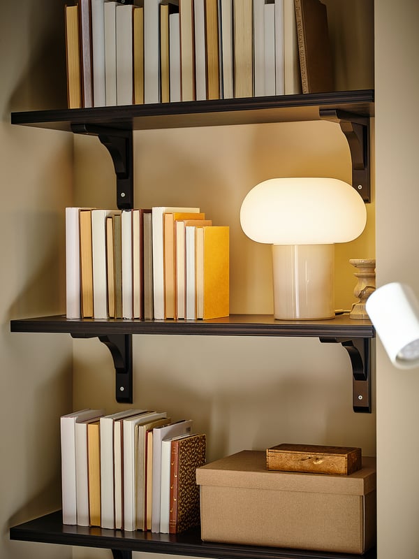 Black bookshelf with books, lamp, and decor.