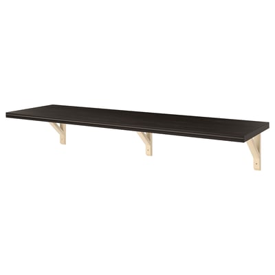A black BERGSHULT wall shelf. Its rectangular with beveled and smooth edges, supported by light wooden brackets.