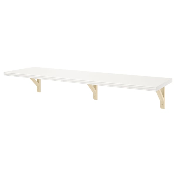 A white BERGSHULT wall shelf with beveled and smooth edges, supported by light-colored brackets.