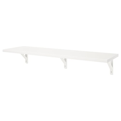 White BERGSHULT wall shelf, smooth edge, wooden brackets.