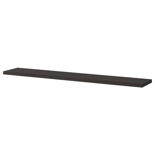A dark brown shelf with a bevelled and smooth edge. Its part of the BERGSHULT collection, made of particleboard and plastic edging.