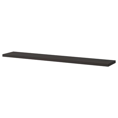 A dark brown shelf with a bevelled and smooth edge. Its part of the BERGSHULT collection, made of particleboard and plastic edging.