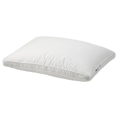 A white BERGVEN pillow with soft and firm sections, double-stitched edges, and a cotton cover.